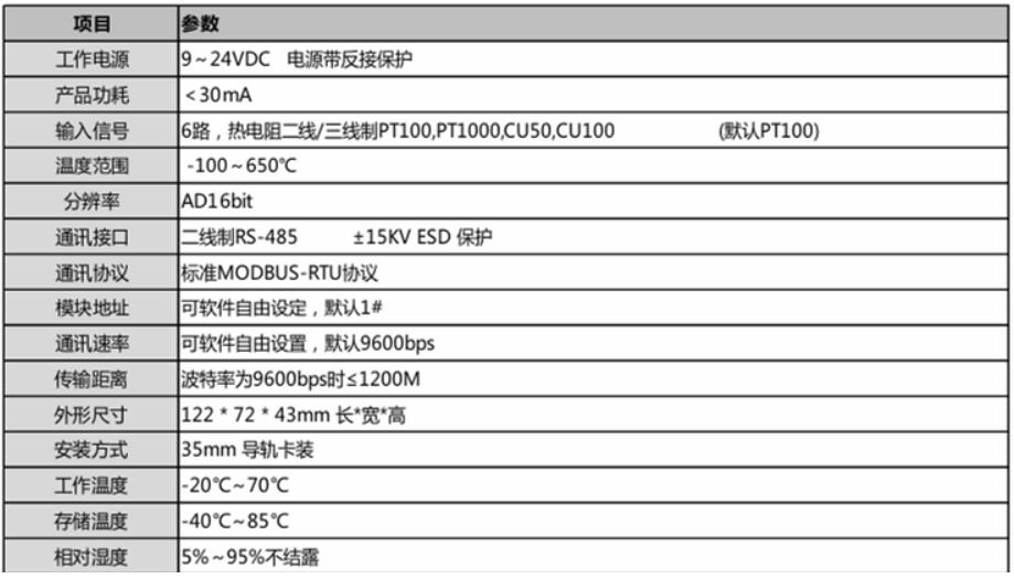 六路PT100鉑熱電阻RS485采集模塊